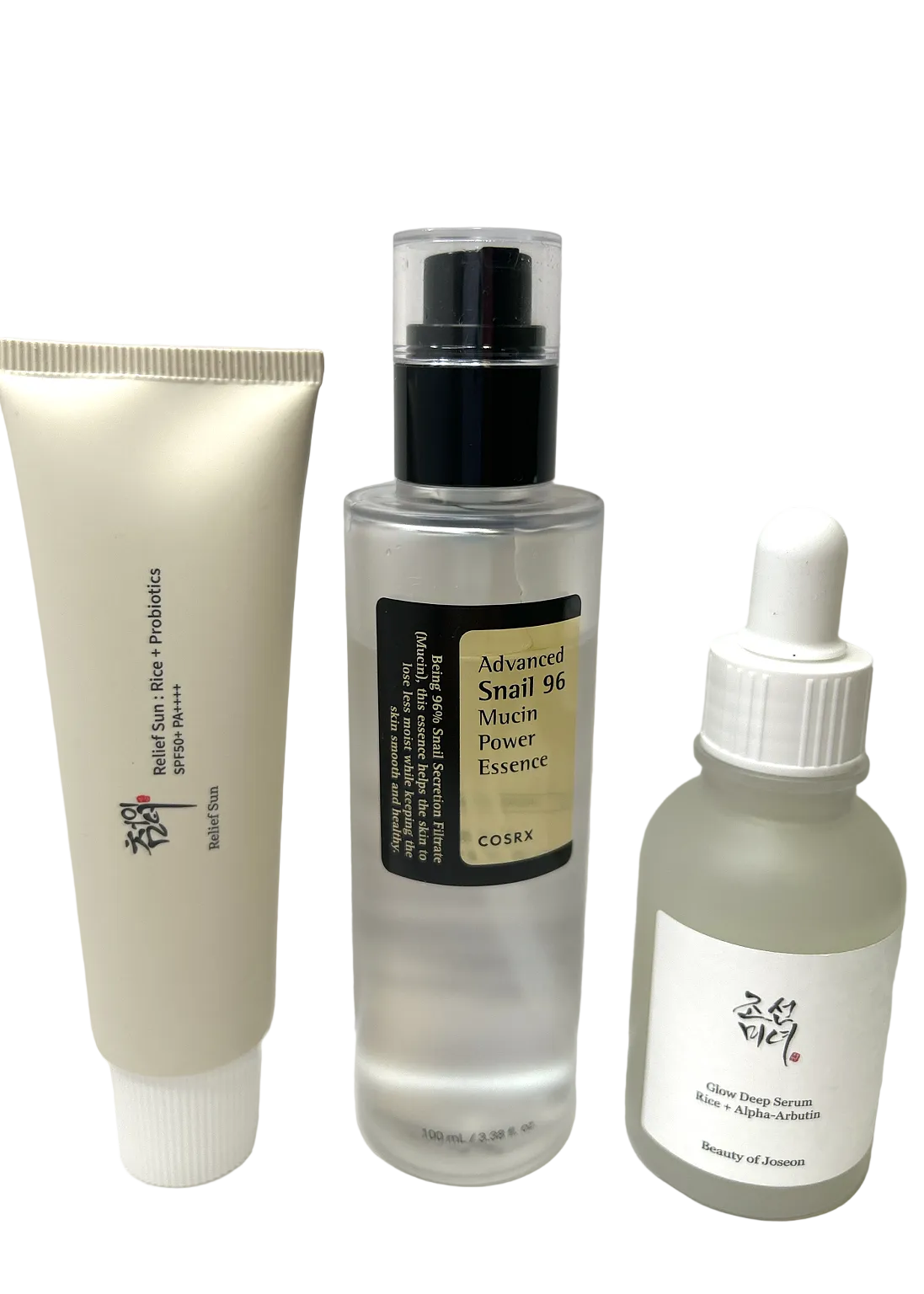 K-Beauty Glass Skin Routine Set – Snail Mucin Essence + Rice Glow Serum + Relief Sun SPF50